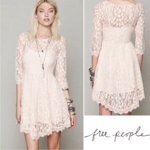 BOHO Free People Dress Floral Mesh Overlay 3/4 Sleeve Peach